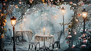 Enchanted Garden Evening Dinner Scene with Vintage Lanterns and Mist