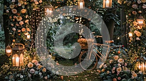 Enchanted Garden Evening with Vintage Bicycle and Fairy Lights