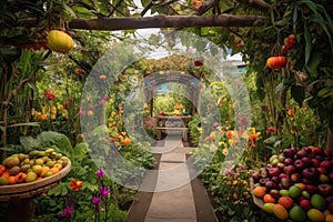 enchanted garden, filled with colorful blooms, and exotic fruits and spices