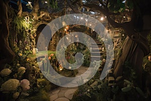 enchanted garden, filled with magical creatures and plants