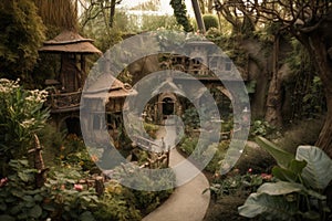enchanted garden, filled with magical creatures and plants