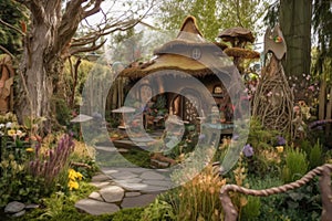 enchanted garden, filled with magical creatures and whimsical plants