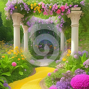 An enchanted garden filled with vibrant flowers