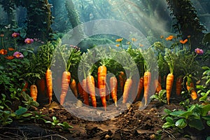 Enchanted Garden with Fresh Carrots Growing in Fertile Soil Amidst Mystical Forest Sunshine