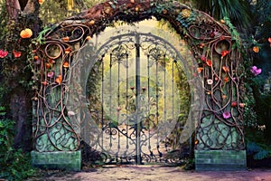 Enchanted Garden Gates: magical panorama of ornate garden gates entwined with colorful vines