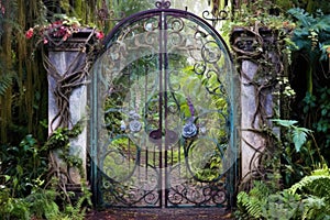 Enchanted Garden Gates: magical panorama of ornate garden gates entwined with colorful vines