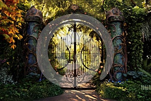 Enchanted Garden Gates: magical panorama of ornate garden gates entwined with colorful vines