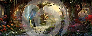 Enchanted Garden Gates: magical panorama of ornate garden gates entwined with colorful vines panorama