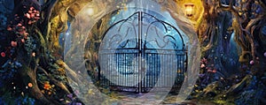 Enchanted Garden Gates: magical panorama of ornate garden gates entwined with colorful vines panorama