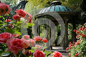 Enchanted Garden. A gazebo overgrown with flowers, landscape of fairies and elves, gazebo in a garden with flowers