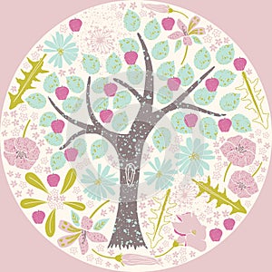 Enchanted garden illustration. Apple trees and flowers.