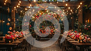 Enchanted garden indoor event space with whimsical floral arrangements and fairy lights.