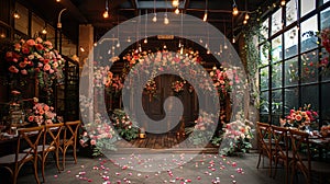 Enchanted garden indoor event space with whimsical floral arrangements and fairy lights.