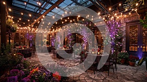 Enchanted garden indoor event space with whimsical floral arrangements and fairy lights.