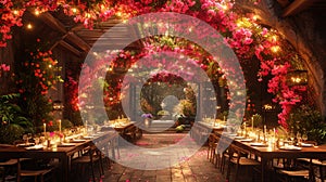 Enchanted garden indoor event space with whimsical floral arrangements and fairy lights.3D render