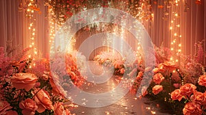 Enchanted garden indoor event space with whimsical floral arrangements and fairy lights.3D render