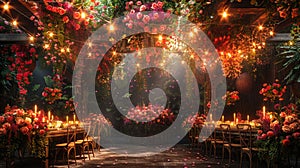 Enchanted garden indoor event space with whimsical floral arrangements and fairy lights.3D render