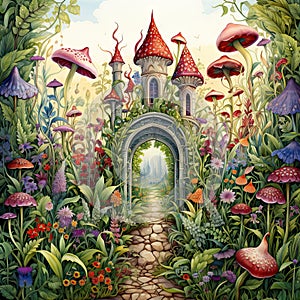 Enchanted garden with magical mushrooms and garden path
