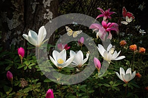 Enchanted garden: Magnolias, tulips, roses, lilies and butterflies dancing amid the vibrant colors., generative IA