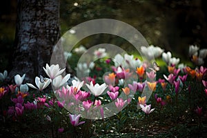 Enchanted garden: Magnolias, tulips, roses, lilies and butterflies dancing amid the vibrant colors., generative IA