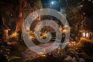 enchanted garden with mystical creatures and magical lighting