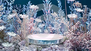 Enchanted Garden Podium Showcase with Ethereal Flowers and Magical Ambiance.