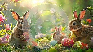 In an enchanted garden scene, joyful bunnies celebrate Easter among blooming flowers and vibrantly painted eggs, all shimmering