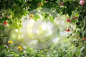 Enchanted Garden Scene with Sunlight Filtering Through Green Leaves and Flowers