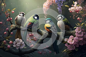 Enchanted Garden: Small Chinese Birds Perched Amongst Magic Blossoms