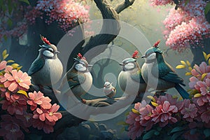 Enchanted Garden: Small Chinese Birds Perched Amongst Magic Blossoms