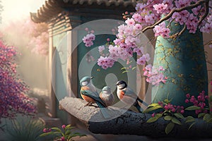 Enchanted Garden: Small Chinese Birds Perched Amongst Magic Blossoms