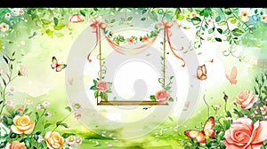 Enchanted Garden Swing with Blooming Roses and Butterflies