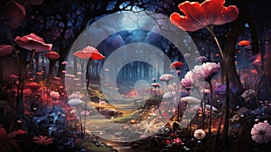 An enchanted garden in a technicolor dreamscape, with oversized flowers forest by AI generated