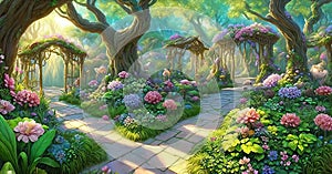 An enchanted garden teeming with fantastical flora and fauna, radiant blooms. Generative A