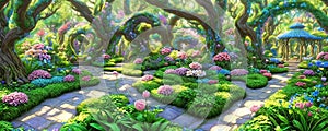 An enchanted garden teeming with fantastical flora and fauna, radiant blooms. Generative A