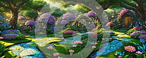 An enchanted garden teeming with fantastical flora and fauna, radiant blooms. Generative A