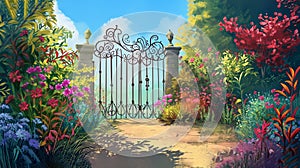 Enchanted garden with wrought iron gate and colorful flowering plants. Generative Ai