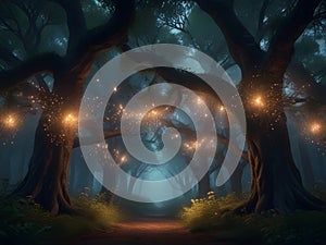 Enchanted Grove: Where Sentient Trees Embrace and Fireflies Dance