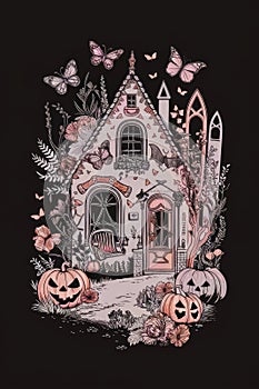 Enchanted Halloween Cottage Surrounded by Butterflies and Pumpkins on a Magical Autumn Night