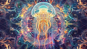 Enchanted Jellyfish Dance Vibrant Oceanic Symphony. Radiant backdrop, intricate pattern photo