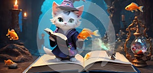 Enchanted Kitty in a Wizard& x27;s Library