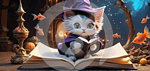 Enchanted Kitty in a Wizard& x27;s Library