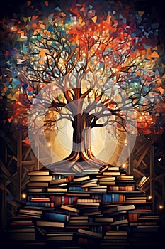 Enchanted Knowledge: A Vibrant Tree of Learning in a Library