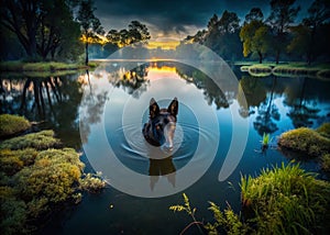 Enchanted Lake Mysterious Kelpie Poised Beneath the Still Waters at Dusk Unveiling the Intrigue of Natures Hidden photo