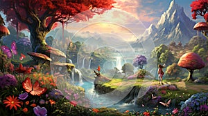 Enchanted landscape, fantasy world with magical garden