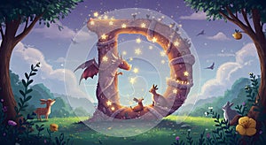 Enchanted Letter D with Magical Forest Creatures