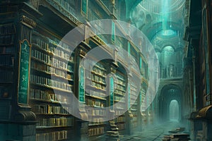 Enchanted Library Halls with Ancient Emerald-Bound Tomes