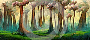 Enchanted magic forest in Autumn with ancient old trees mystical woodland flowers - generative AI