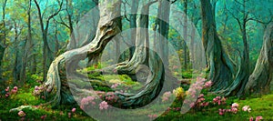 Enchanted magic forest in Autumn with ancient old trees mystical woodland flowers - generative AI