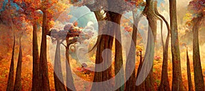 Enchanted magic forest in Autumn with ancient old trees mystical woodland flowers - generative AI